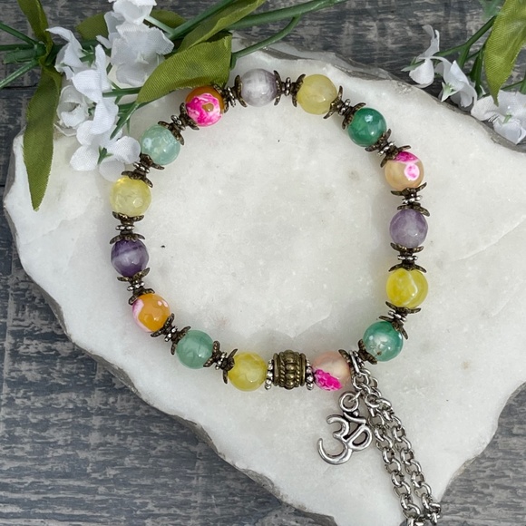 Multi-color fire agate stretch ohm bracelet - Picture 2 of 2